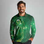 Aotearoa New Zealand New Year Long Sleeve Polo Shirt Tribal Koru Tattoo Green Galaxy Maori Silver Fern
