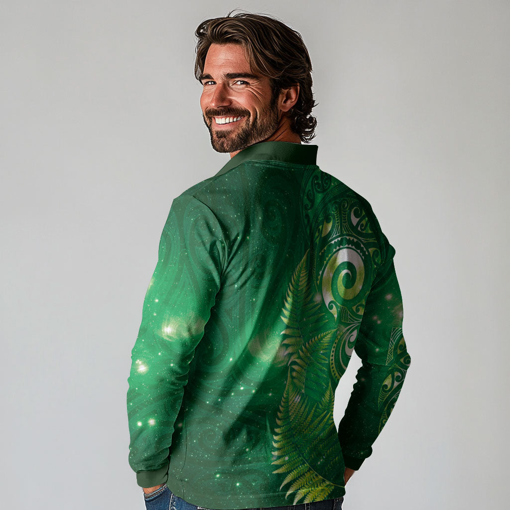 Aotearoa New Zealand New Year Long Sleeve Polo Shirt Tribal Koru Tattoo Green Galaxy Maori Silver Fern