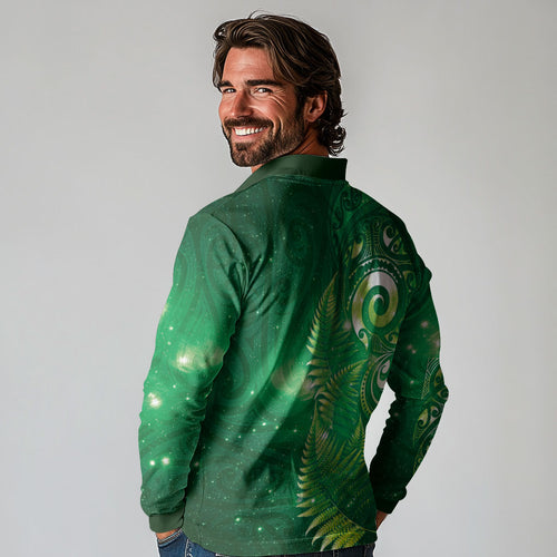 Aotearoa New Zealand New Year Long Sleeve Polo Shirt Tribal Koru Tattoo Green Galaxy Maori Silver Fern