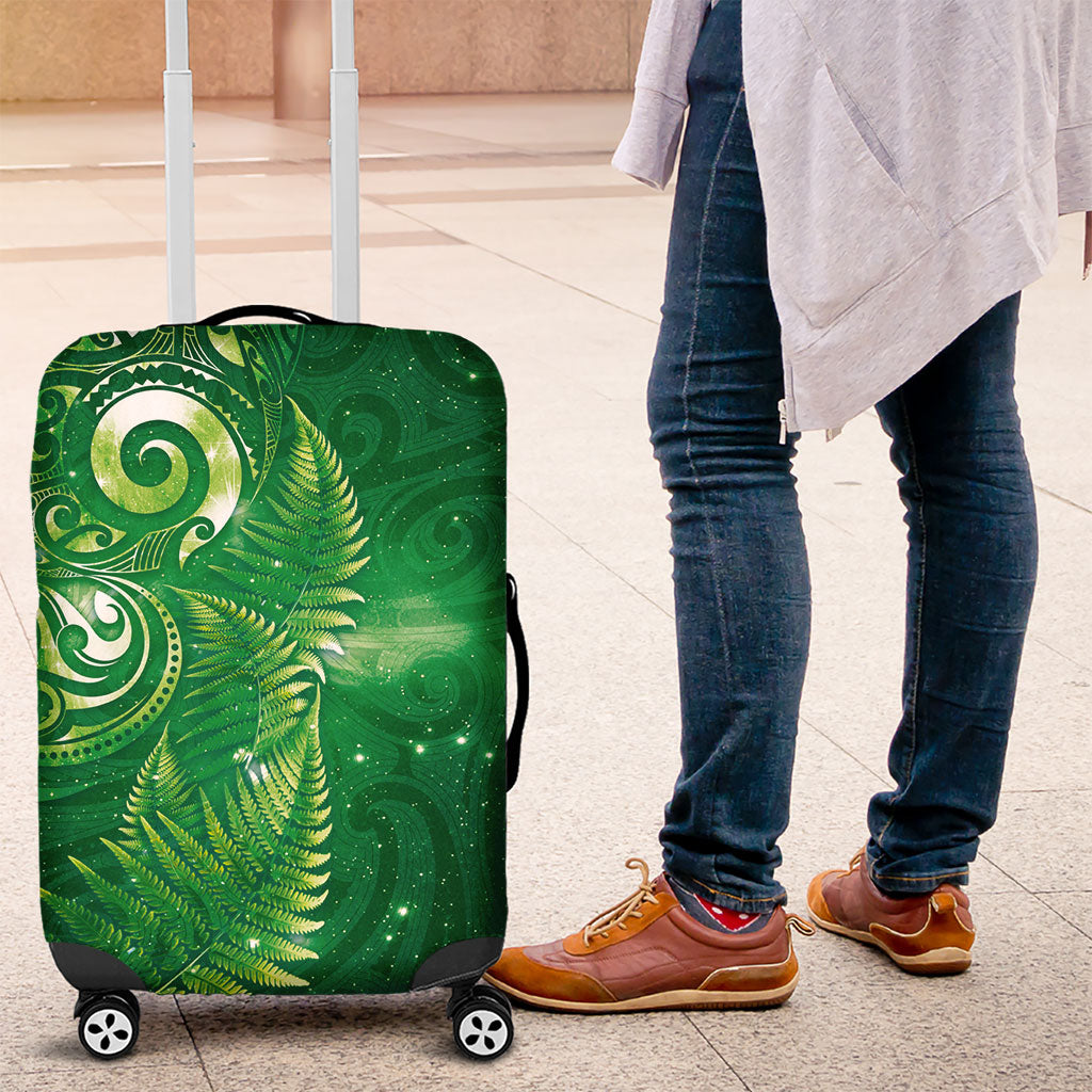Aotearoa New Zealand New Year Luggage Cover Tribal Koru Tattoo Green Galaxy Maori Silver Fern
