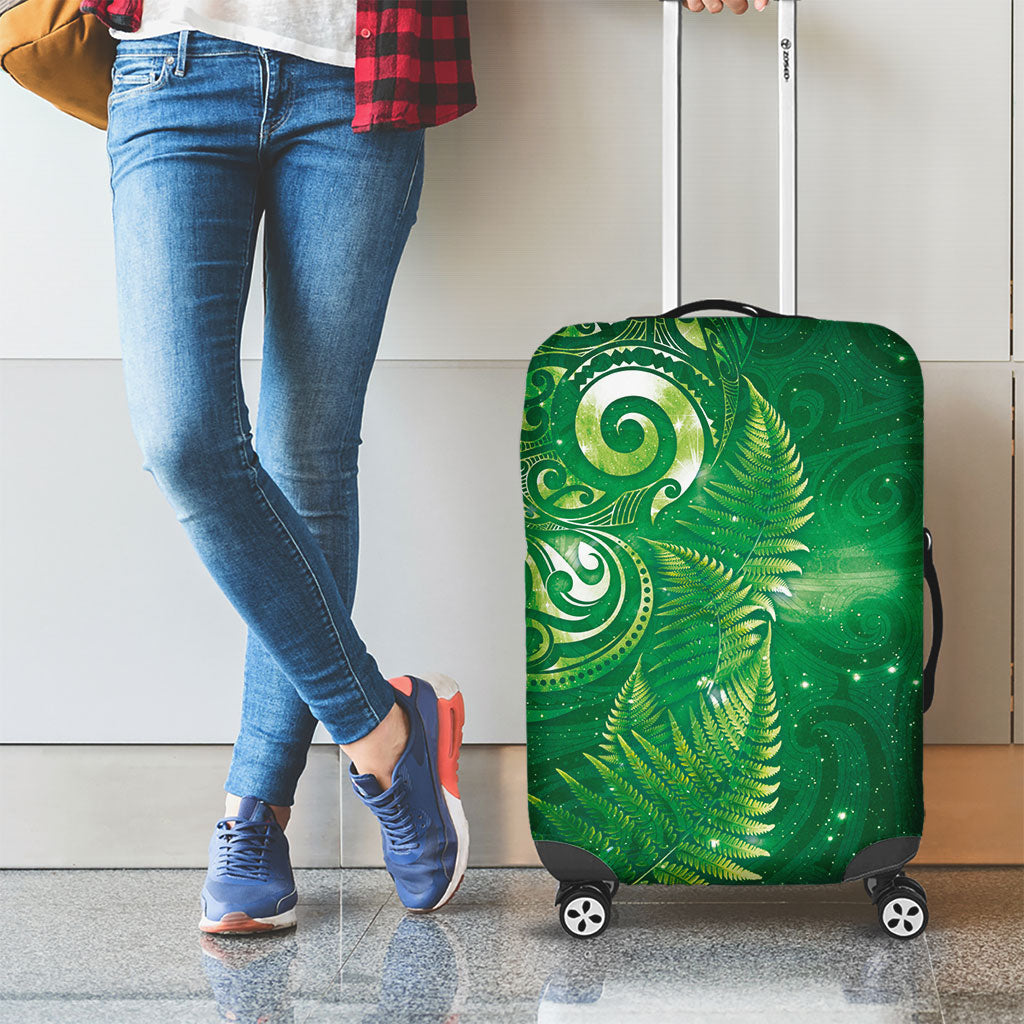 Aotearoa New Zealand New Year Luggage Cover Tribal Koru Tattoo Green Galaxy Maori Silver Fern