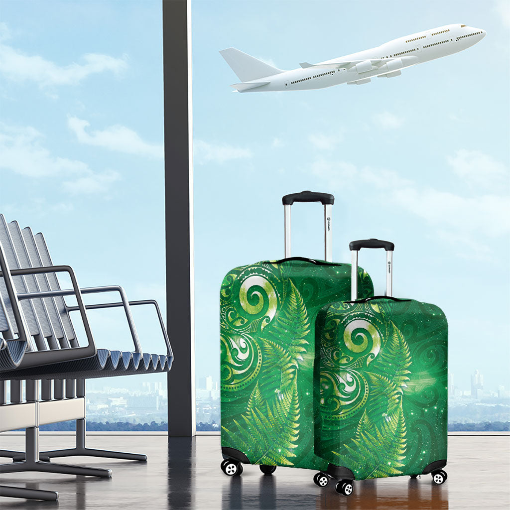 Aotearoa New Zealand New Year Luggage Cover Tribal Koru Tattoo Green Galaxy Maori Silver Fern