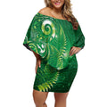 Aotearoa New Zealand New Year Off Shoulder Short Dress Tribal Koru Tattoo Green Galaxy Maori Silver Fern