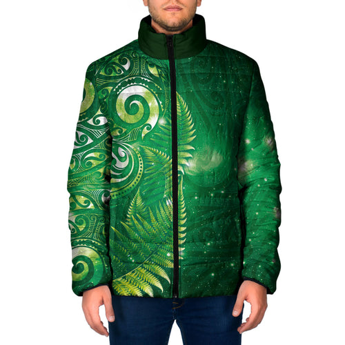 Aotearoa New Zealand New Year Padded Jacket Tribal Koru Tattoo Green Galaxy Maori Silver Fern