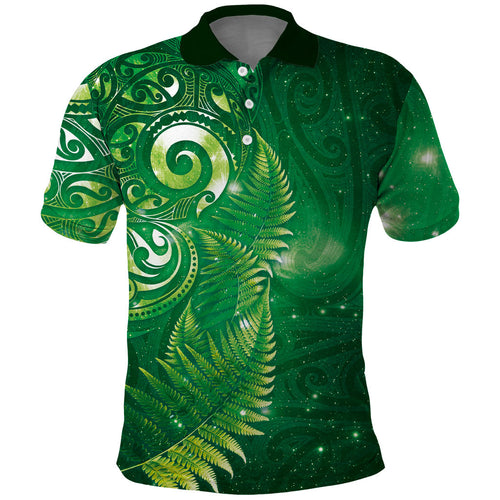 Aotearoa New Zealand New Year Polo Shirt Tribal Koru Tattoo Green Galaxy Maori Silver Fern