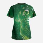 Aotearoa New Zealand New Year Scrub Top Tribal Koru Tattoo Green Galaxy Maori Silver Fern