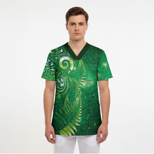 Aotearoa New Zealand New Year Scrub Top Tribal Koru Tattoo Green Galaxy Maori Silver Fern