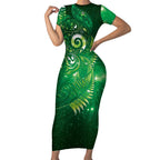 Aotearoa New Zealand New Year Short Sleeve Bodycon Dress Tribal Koru Tattoo Green Galaxy Maori Silver Fern