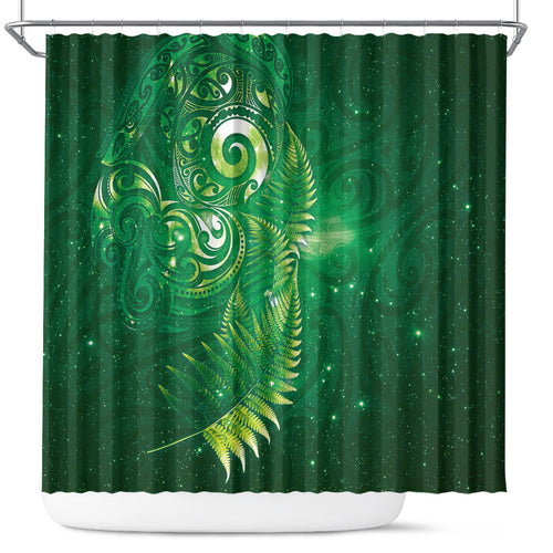 Aotearoa New Zealand New Year Shower Curtain Tribal Koru Tattoo Green Galaxy Maori Silver Fern