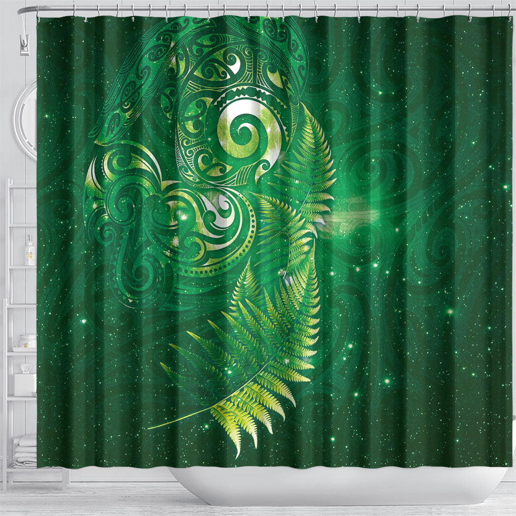 Aotearoa New Zealand New Year Shower Curtain Tribal Koru Tattoo Green Galaxy Maori Silver Fern