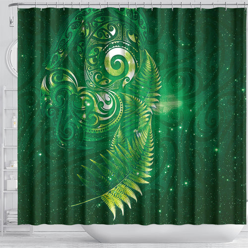 Aotearoa New Zealand New Year Shower Curtain Tribal Koru Tattoo Green Galaxy Maori Silver Fern