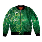 Aotearoa New Zealand New Year Sleeve Zip Bomber Jacket Tribal Koru Tattoo Green Galaxy Maori Silver Fern