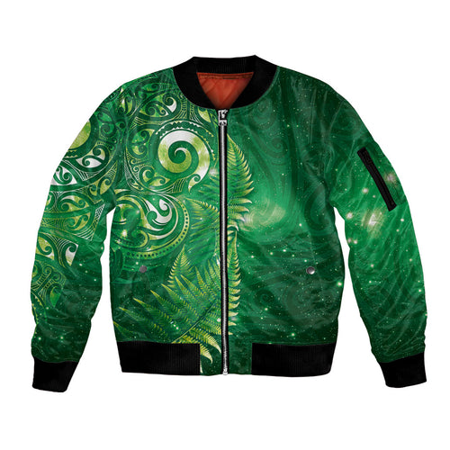 Aotearoa New Zealand New Year Sleeve Zip Bomber Jacket Tribal Koru Tattoo Green Galaxy Maori Silver Fern