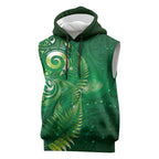 Aotearoa New Zealand New Year Sleeveless Hoodie Tribal Koru Tattoo Green Galaxy Maori Silver Fern
