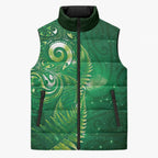 Aotearoa New Zealand New Year Sleeveless Puffer Jacket Tribal Koru Tattoo Green Galaxy Maori Silver Fern