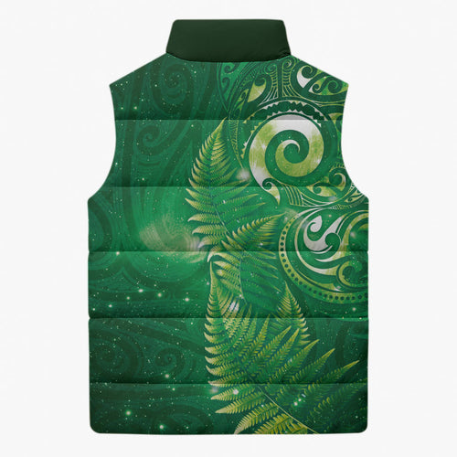 Aotearoa New Zealand New Year Sleeveless Puffer Jacket Tribal Koru Tattoo Green Galaxy Maori Silver Fern