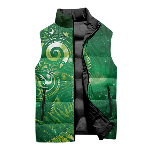 Aotearoa New Zealand New Year Sleeveless Puffer Jacket Tribal Koru Tattoo Green Galaxy Maori Silver Fern