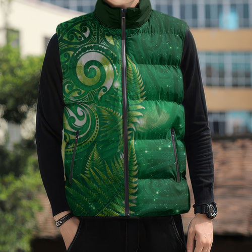 Aotearoa New Zealand New Year Sleeveless Puffer Jacket Tribal Koru Tattoo Green Galaxy Maori Silver Fern