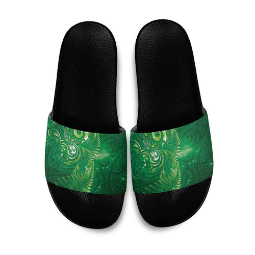 Aotearoa New Zealand New Year Slide Sandals Tribal Koru Tattoo Green Galaxy Maori Silver Fern