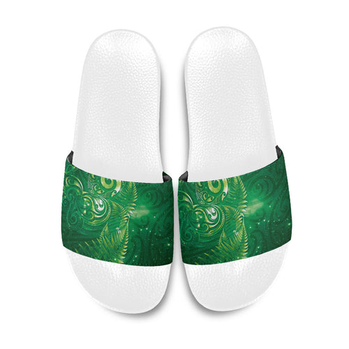 Aotearoa New Zealand New Year Slide Sandals Tribal Koru Tattoo Green Galaxy Maori Silver Fern