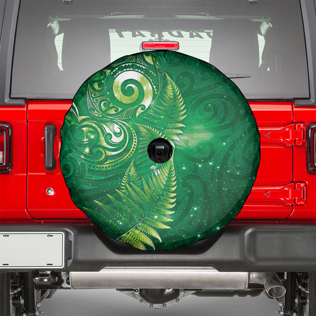 Aotearoa New Zealand New Year Spare Tire Cover Tribal Koru Tattoo Green Galaxy Maori Silver Fern