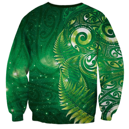 Aotearoa New Zealand New Year Sweatshirt Tribal Koru Tattoo Green Galaxy Maori Silver Fern