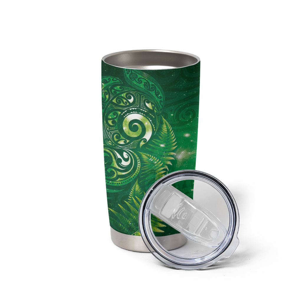 Aotearoa New Zealand New Year Tumbler Cup Tribal Koru Tattoo Green Galaxy Maori Silver Fern