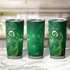 Aotearoa New Zealand New Year Tumbler Cup Tribal Koru Tattoo Green Galaxy Maori Silver Fern
