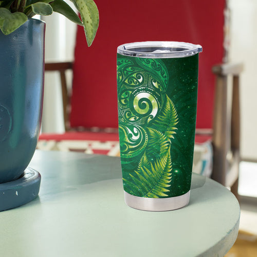 Aotearoa New Zealand New Year Tumbler Cup Tribal Koru Tattoo Green Galaxy Maori Silver Fern