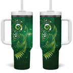 Aotearoa New Zealand New Year Tumbler With Handle Tribal Koru Tattoo Green Galaxy Maori Silver Fern