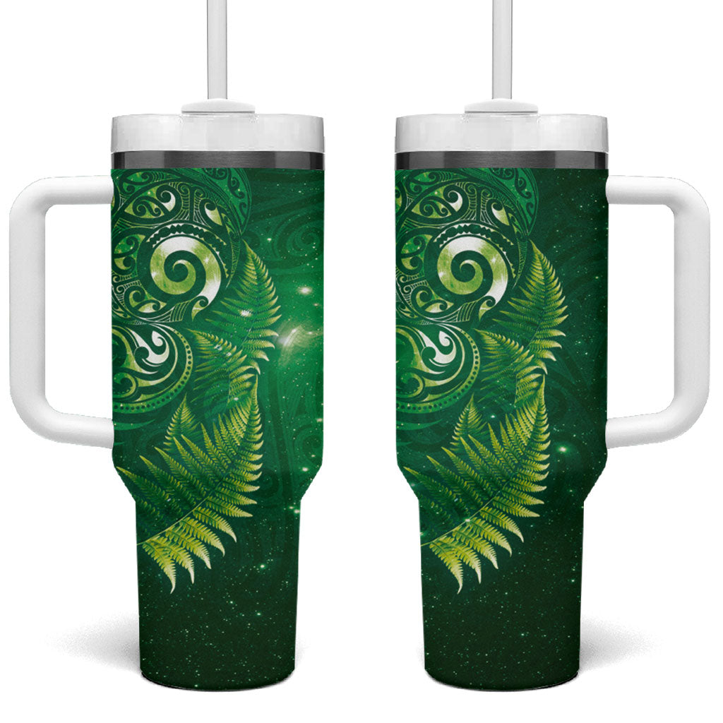 Aotearoa New Zealand New Year Tumbler With Handle Tribal Koru Tattoo Green Galaxy Maori Silver Fern