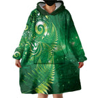 Aotearoa New Zealand New Year Wearable Blanket Hoodie Tribal Koru Tattoo Green Galaxy Maori Silver Fern