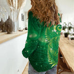Aotearoa New Zealand New Year Women Casual Shirt Tribal Koru Tattoo Green Galaxy Maori Silver Fern