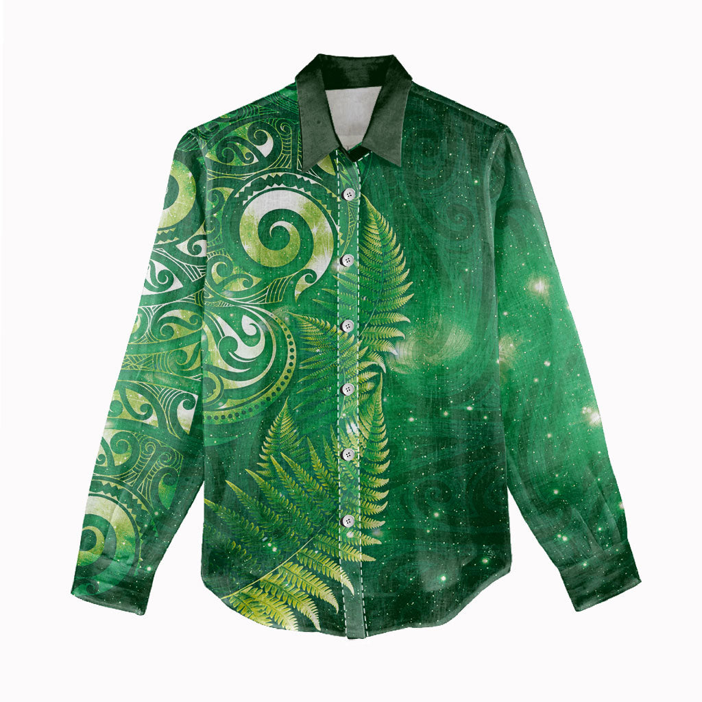 Aotearoa New Zealand New Year Women Casual Shirt Tribal Koru Tattoo Green Galaxy Maori Silver Fern