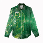 Aotearoa New Zealand New Year Women Casual Shirt Tribal Koru Tattoo Green Galaxy Maori Silver Fern