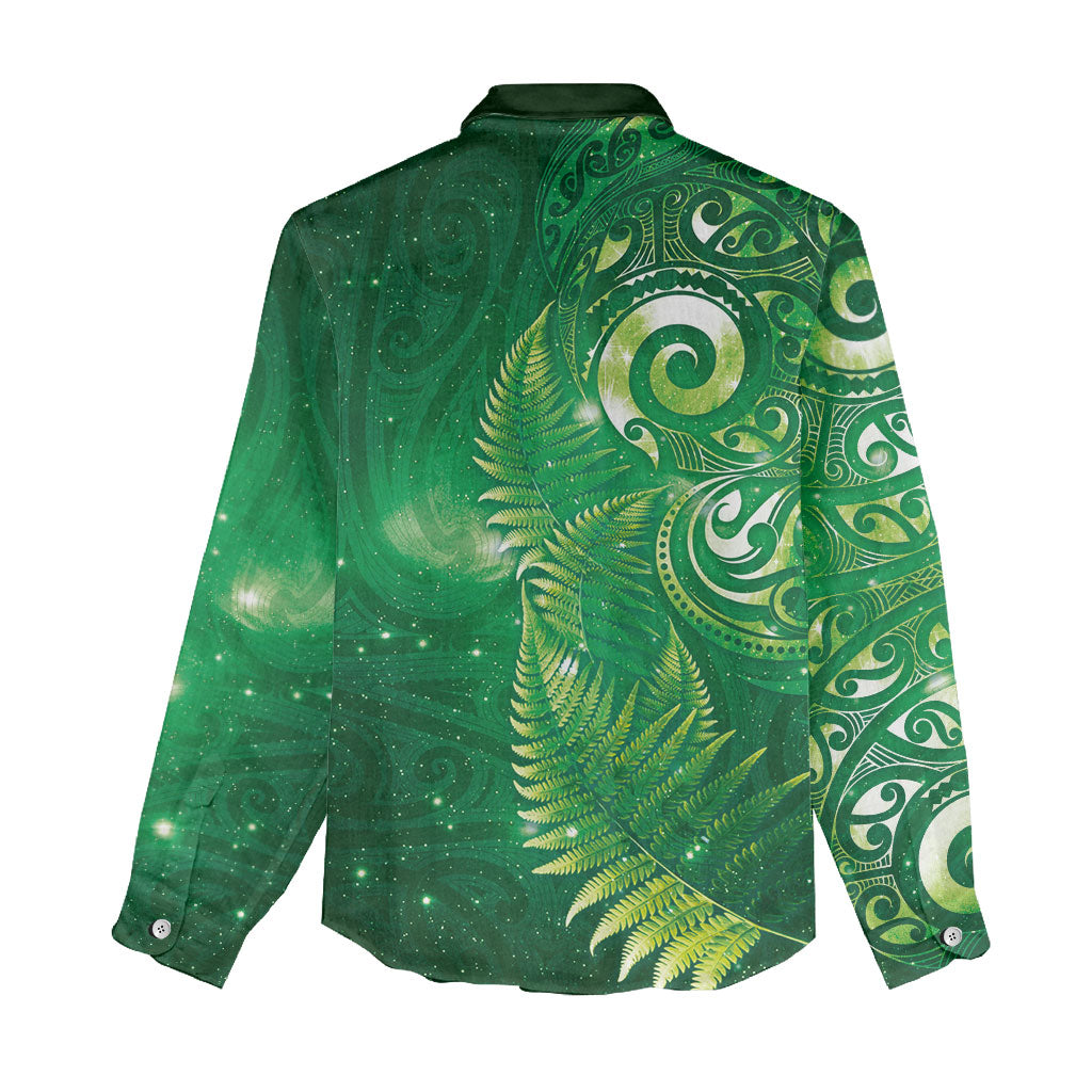 Aotearoa New Zealand New Year Women Casual Shirt Tribal Koru Tattoo Green Galaxy Maori Silver Fern