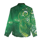 Aotearoa New Zealand New Year Women Casual Shirt Tribal Koru Tattoo Green Galaxy Maori Silver Fern