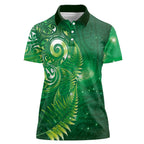 Aotearoa New Zealand New Year Women Polo Shirt Tribal Koru Tattoo Green Galaxy Maori Silver Fern