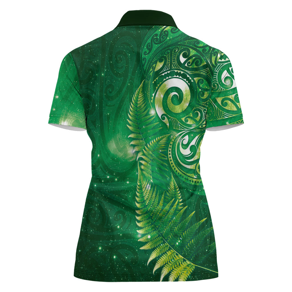 Aotearoa New Zealand New Year Women Polo Shirt Tribal Koru Tattoo Green Galaxy Maori Silver Fern