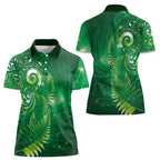 Aotearoa New Zealand New Year Women Polo Shirt Tribal Koru Tattoo Green Galaxy Maori Silver Fern