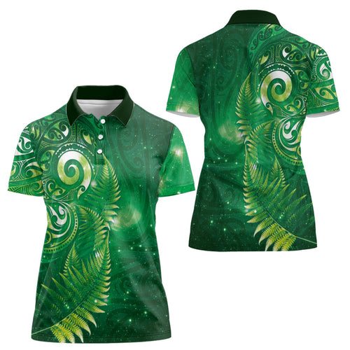 Aotearoa New Zealand New Year Women Polo Shirt Tribal Koru Tattoo Green Galaxy Maori Silver Fern