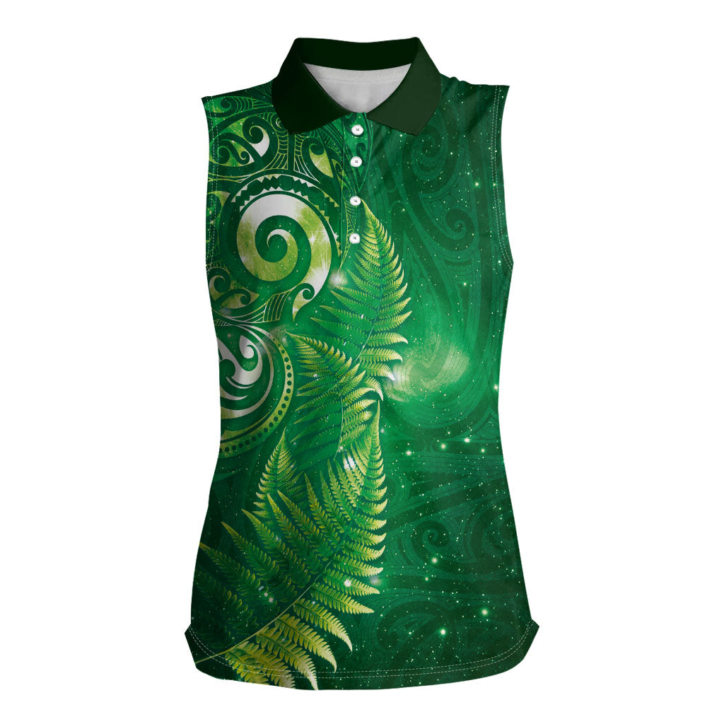 Aotearoa New Zealand New Year Women Sleeveless Polo Shirt Tribal Koru Tattoo Green Galaxy Maori Silver Fern