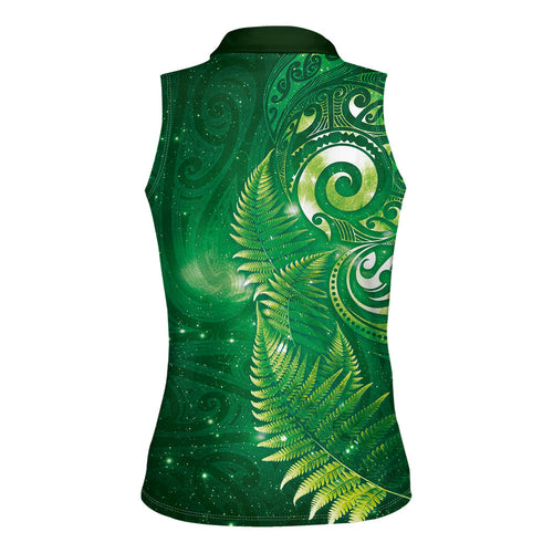 Aotearoa New Zealand New Year Women Sleeveless Polo Shirt Tribal Koru Tattoo Green Galaxy Maori Silver Fern