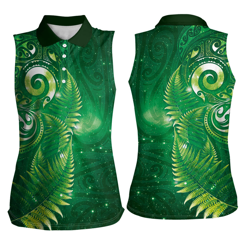 Aotearoa New Zealand New Year Women Sleeveless Polo Shirt Tribal Koru Tattoo Green Galaxy Maori Silver Fern