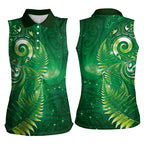 Aotearoa New Zealand New Year Women Sleeveless Polo Shirt Tribal Koru Tattoo Green Galaxy Maori Silver Fern