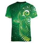 Aotearoa New Zealand New Year Women V-Neck T-Shirt Tribal Koru Tattoo Green Galaxy Maori Silver Fern