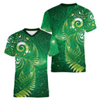 Aotearoa New Zealand New Year Women V-Neck T-Shirt Tribal Koru Tattoo Green Galaxy Maori Silver Fern