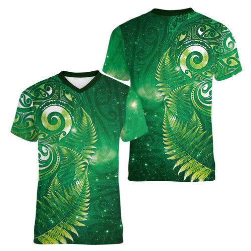 Aotearoa New Zealand New Year Women V-Neck T-Shirt Tribal Koru Tattoo Green Galaxy Maori Silver Fern