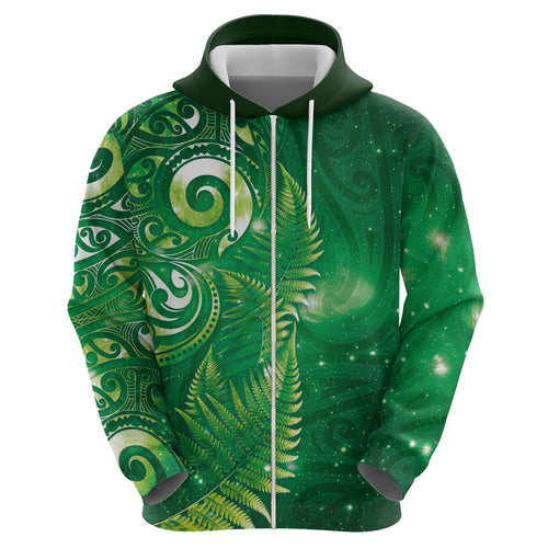 Aotearoa New Zealand New Year Zip Hoodie Tribal Koru Tattoo Green Galaxy Maori Silver Fern