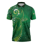 Aotearoa New Zealand New Year Zipper Polo Shirt Tribal Koru Tattoo Green Galaxy Maori Silver Fern